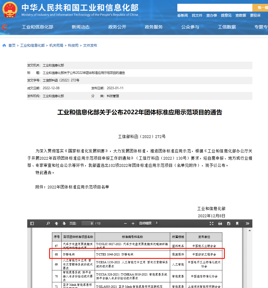 广检集团主导制定的团标《防静电袜》入选工信部2022年团体标准应用示范项目