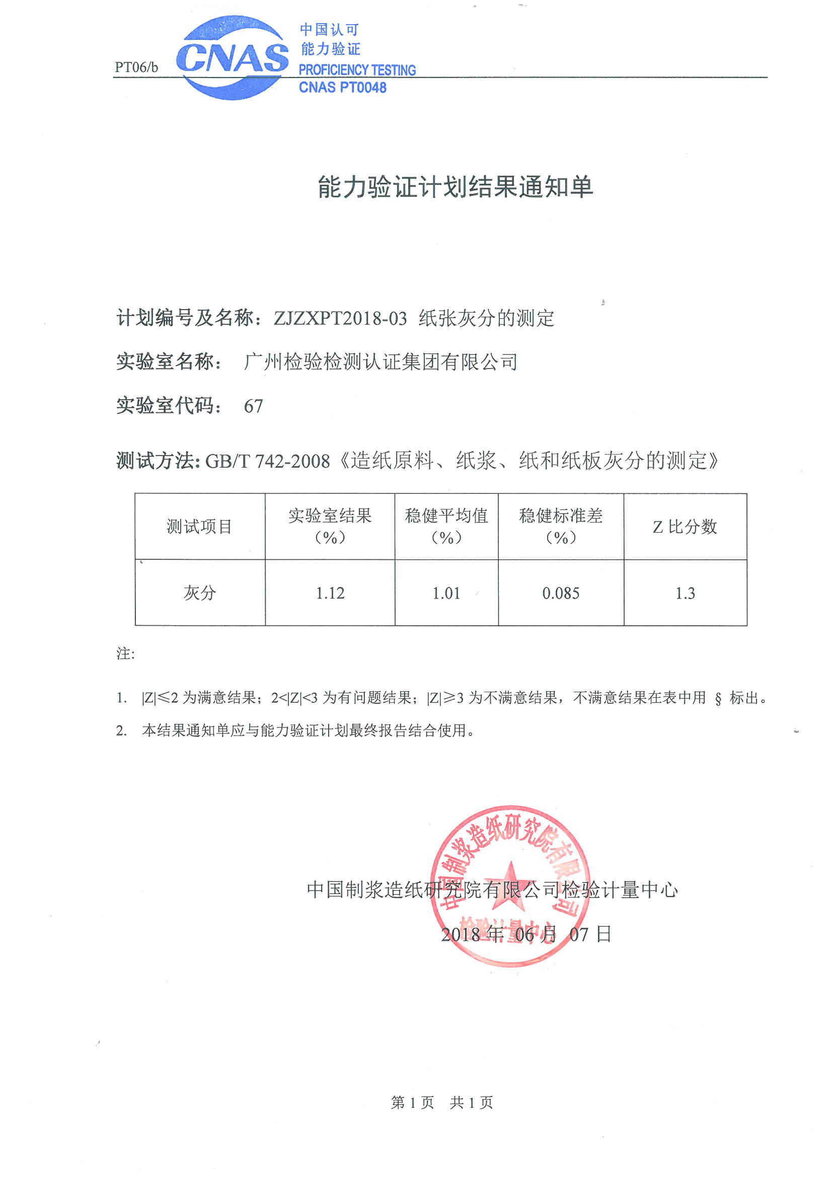 广检集团参加“纸张D65亮度、D65荧光亮度的测定”、“纸张灰分的测定”两项能力