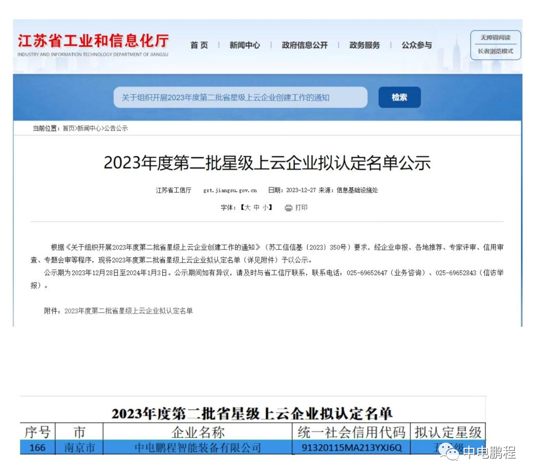 中电鹏程获批江苏省五星级上云企业